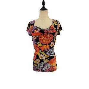 Vtg 90s‎ Cable & Gauge Y2K Mesh Floral Top Cowl Neck Sheer Stretch Blouse Sz S